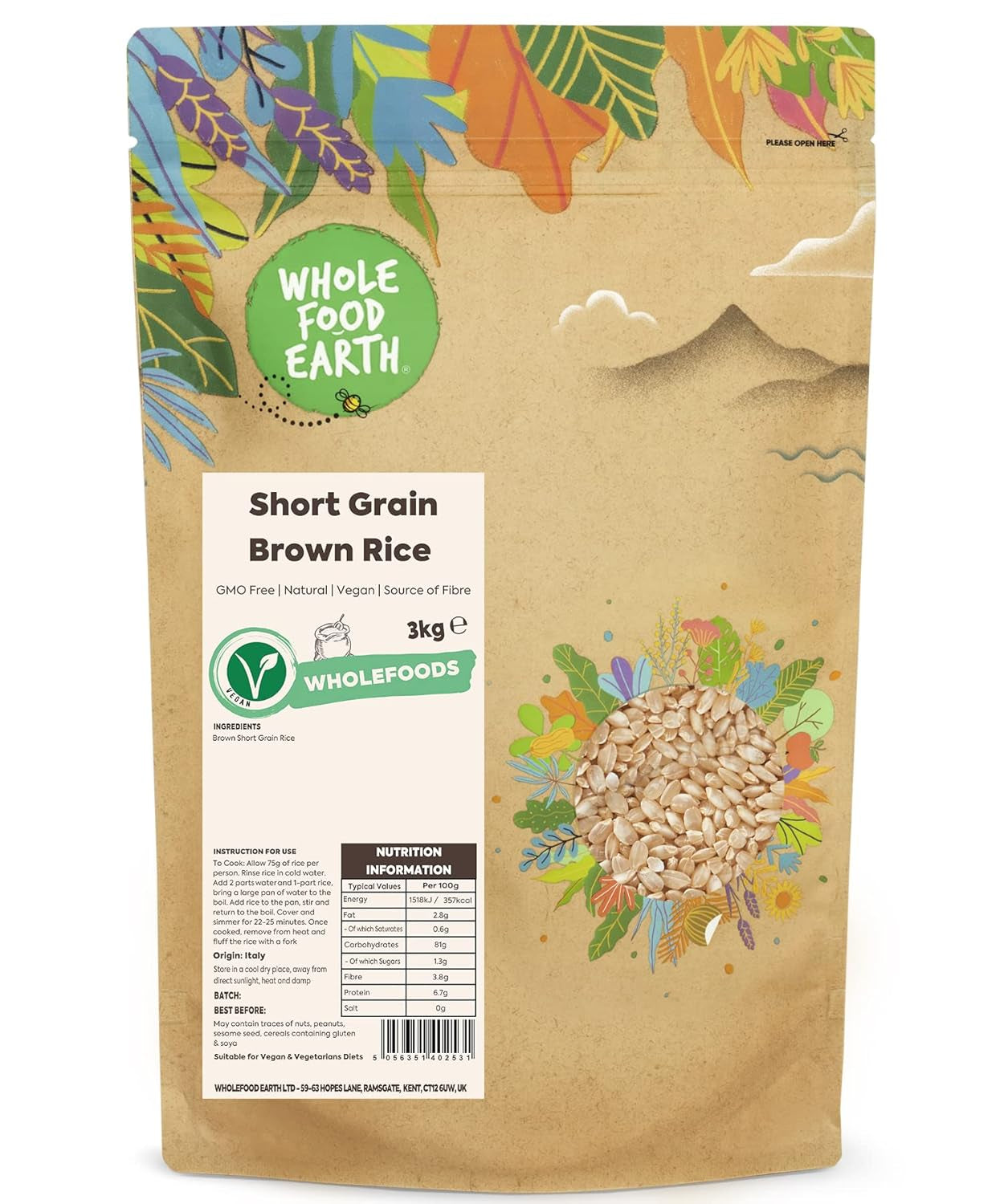Wholefood jord kortkornet brune ris - ikke-GMO - naturlig - vegansk - mælkefri - uden tilsat sukker, 3 kg