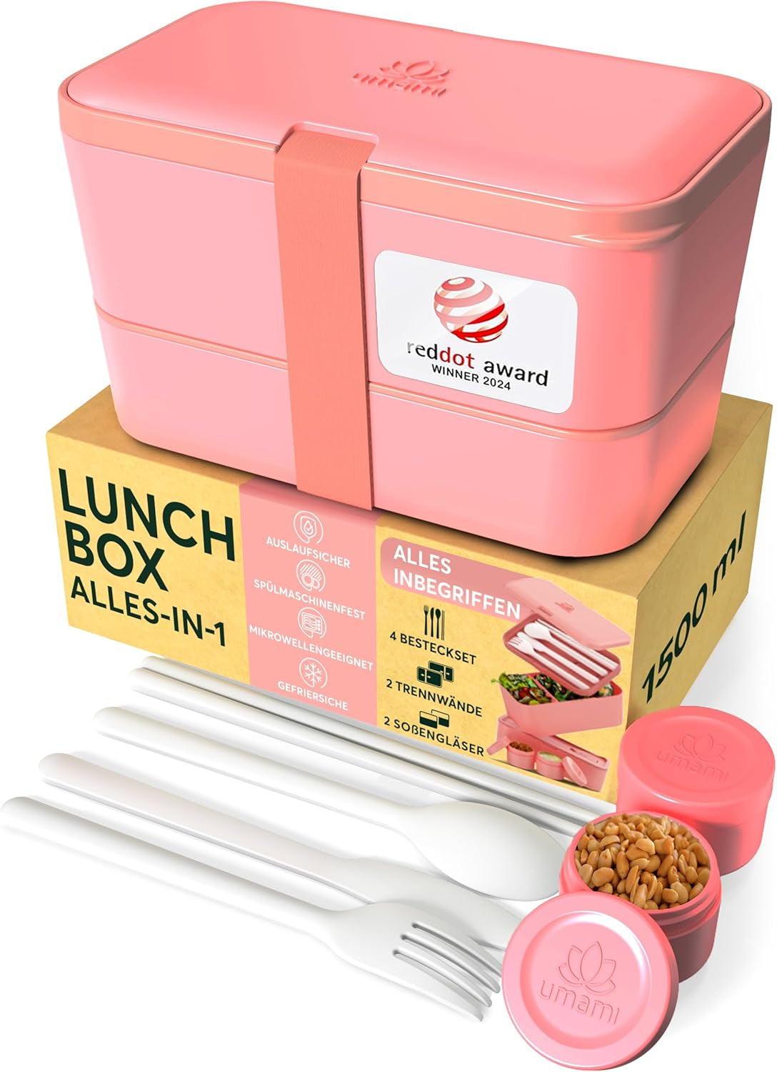 Umami Madpakke til voksne, Lækagesikker stabelbar Bento-kasse med 4 bestik og rum, Voksen Madkasse, To-Go-salatbeholder, Picnic-/kontormadkasse, koksgrå, 1500 ml
