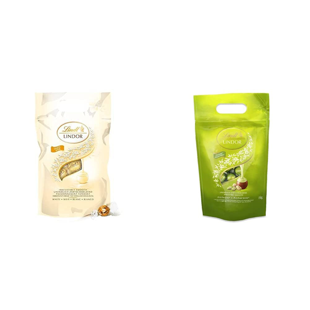 LINDOR hvide chokoladekugler, 1 kg og LINDOR | 1 kg genlukkelig pose | ca. 80 mælkechokoladekugler med myntefyld | Bulkpakke, pralinegave, chokoladegave