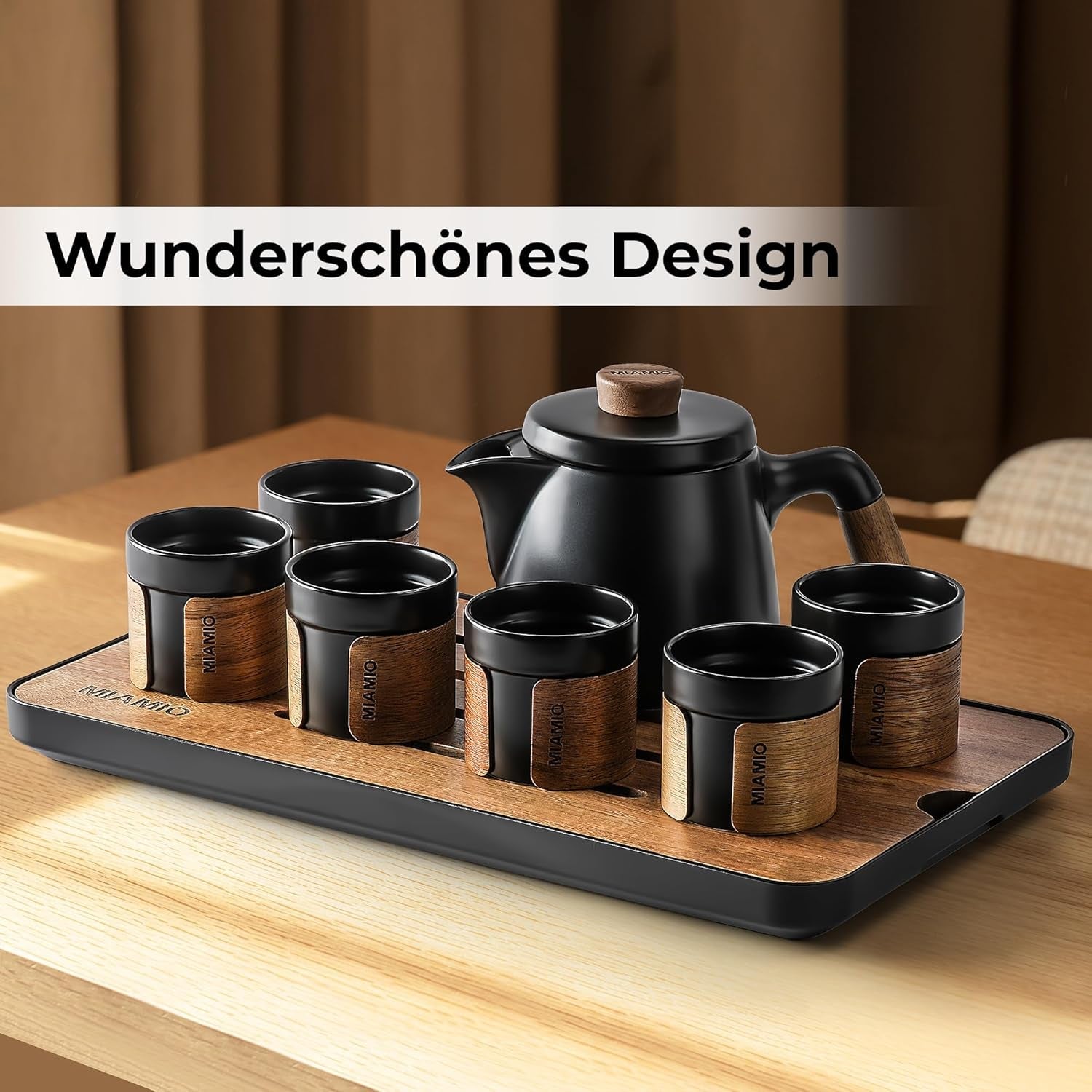 MIAMIO - Japansk/kinesisk tesæt 6 x 100 ml / Asiatisk tekande 620 ml med teinfuser, traditionelt japansk tekandesæt til teelskere/mænd/kvinder (sort)