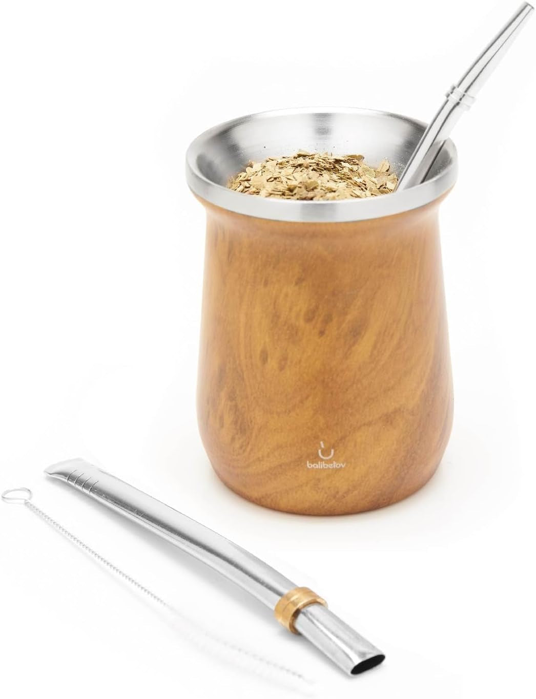 Yerba Mate balibetov tesæt (Mate kop) lavet af rustfrit stål med bombilla (halm) til mate, Let at rengøre og meget holdbart Yerba Mate sæt (TRÆ)
