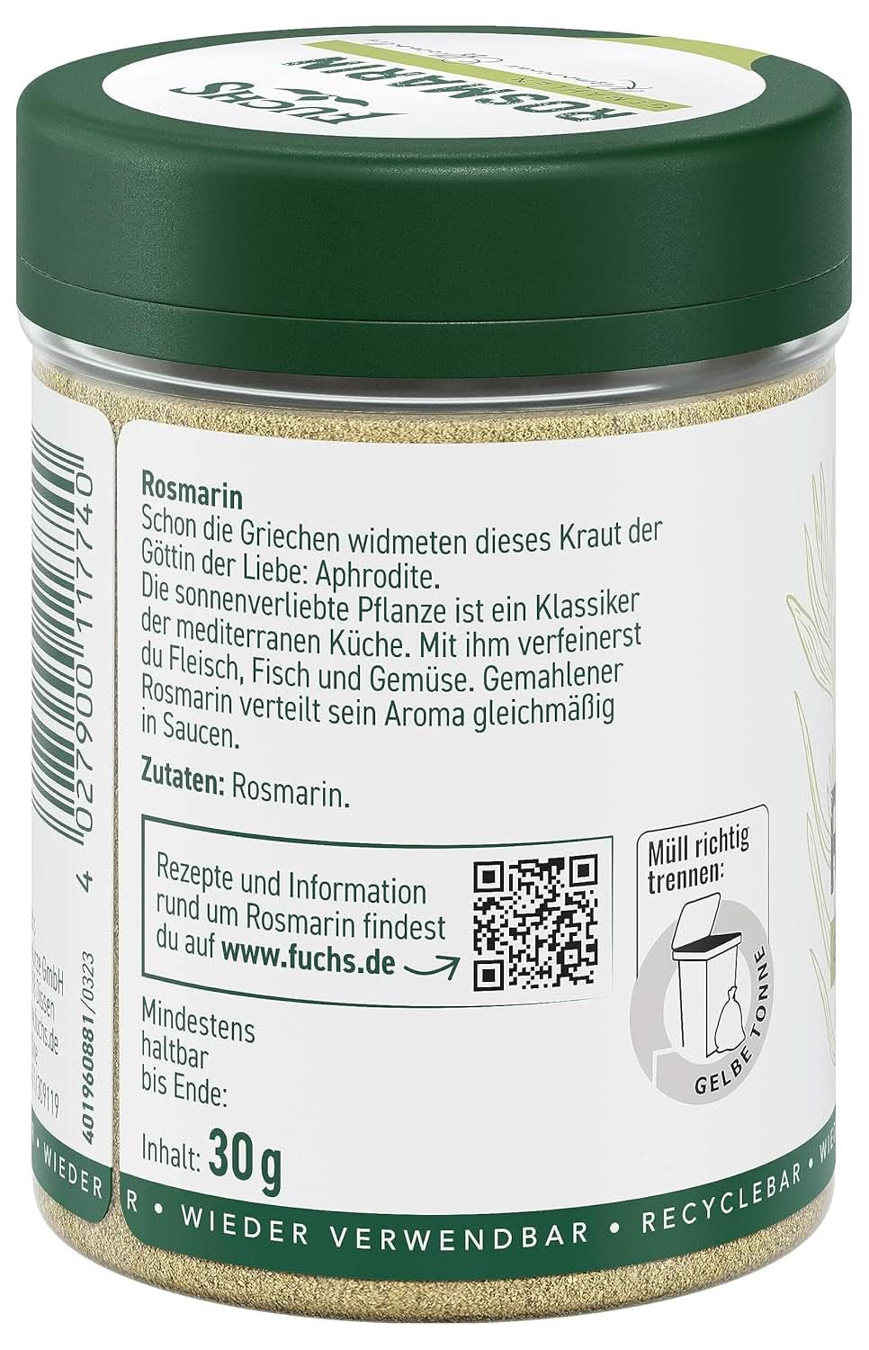 Fuchs - Kværnet rosmarin - Til krydring af fisk, kød og grøntsager, 30 gram Condimente Naty Shop