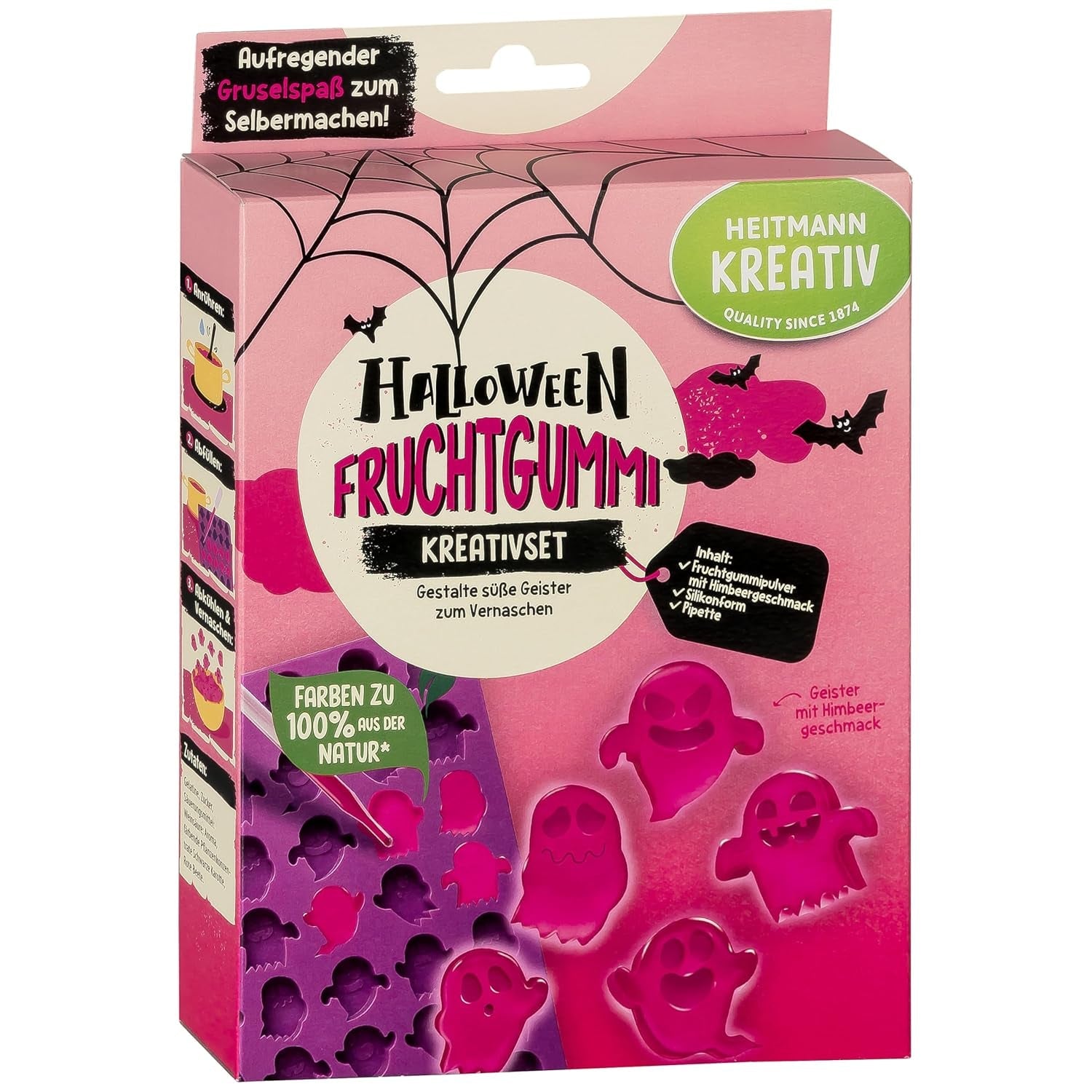 HEITMANN KREATIV - Kreativt Halloween-frugttyggegummisæt - Plantebaserede pulverfarvestoffer - Pink - DIY Ghost Shape Frugttyggegummi med hindbærsmag