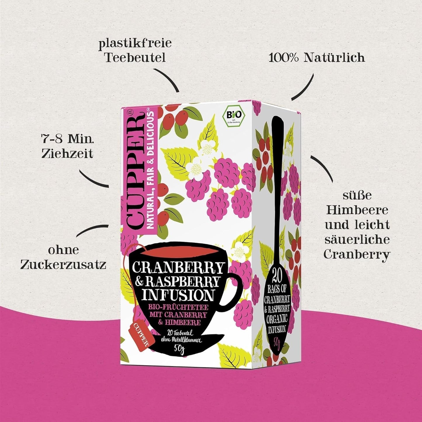 4Er Pack CUPPER Økologisk frugtte "Tranebær- og hindbærinfusion", 4X20 ikke-hvide teposer, økologisk, fairtrade