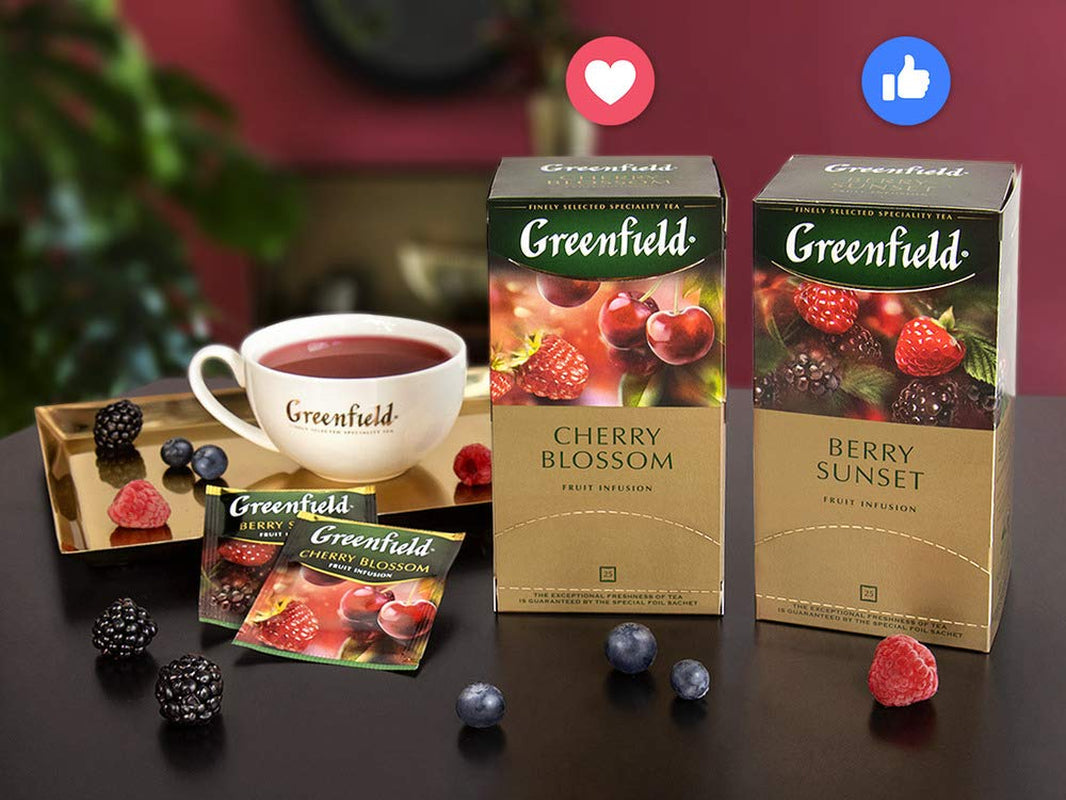 Greenfield Cherry Blossom, Hibiscus, Hyben, Æble, Hindbær, Blackberry, Teposer (2G X 25), 50G