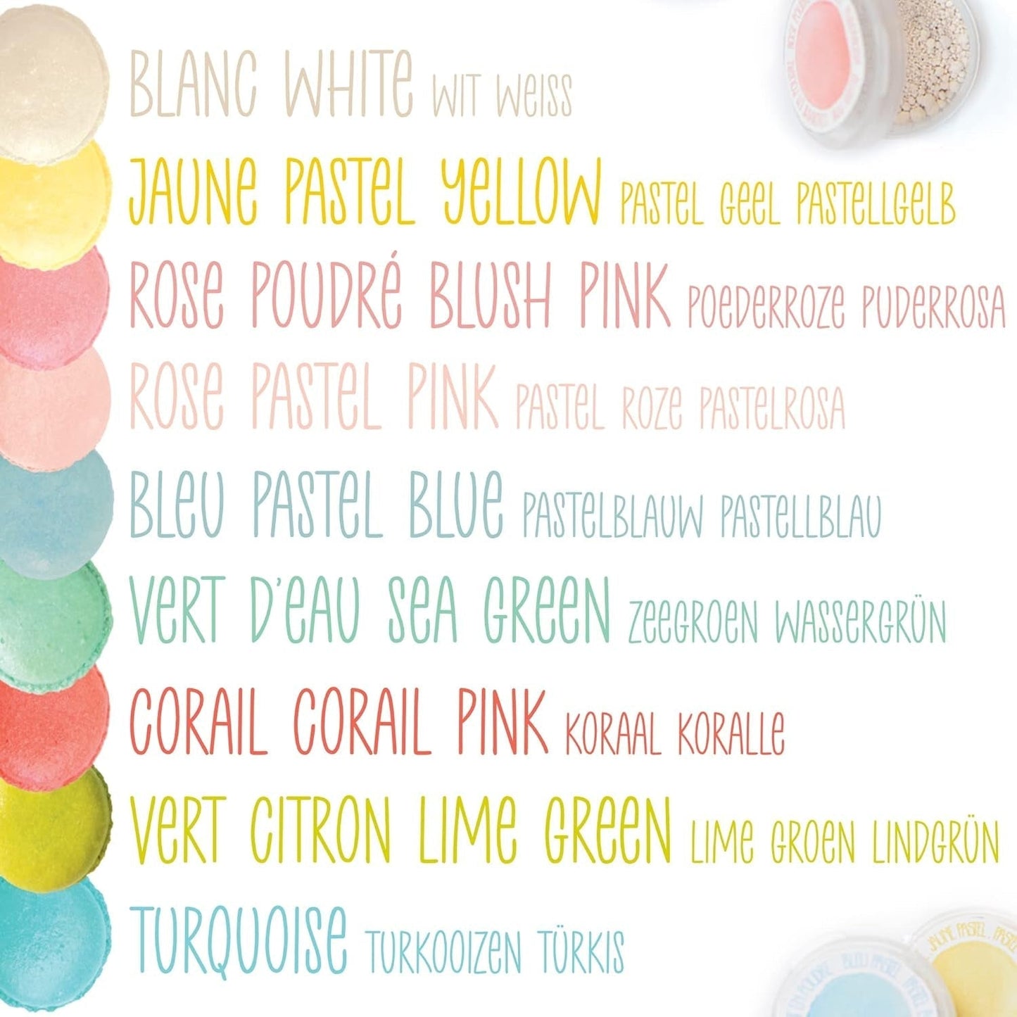 Scrapcooking - Sæt med 9 pastelfarver - blå, gul, koral, pink, turkis, limegrøn, hvid, aquagrøn, pulverrosa - spiseligt farvepulver til kager, muffins, macarons - 4272