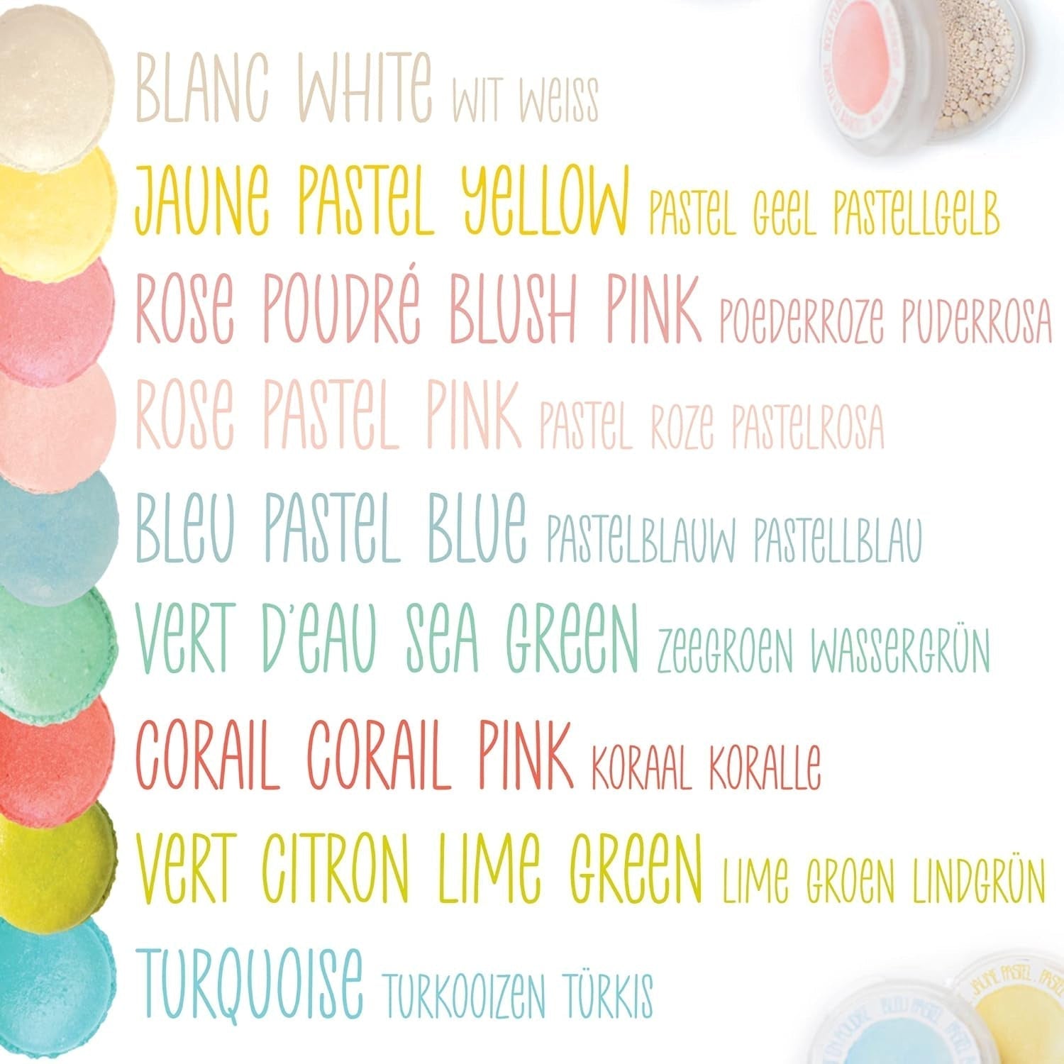 Scrapcooking - Sæt med 9 pastelfarver - blå, gul, koral, pink, turkis, limegrøn, hvid, aquagrøn, pulverrosa - spiseligt farvepulver til kager, muffins, macarons - 4272
