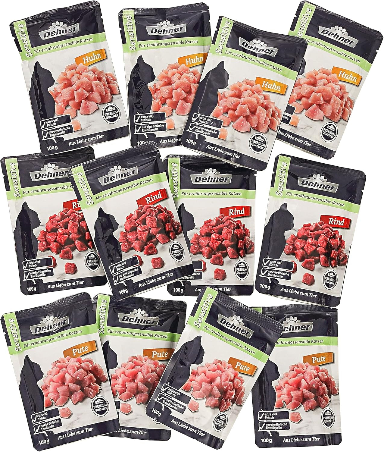 Dehner Premium Katzenfutter Sensitive Multipack, Nassfutter, für Ernährungssensible Katzen, er 4 x Huhn / Rind / Pute, 12 x 100 g pose (1,2 kg)