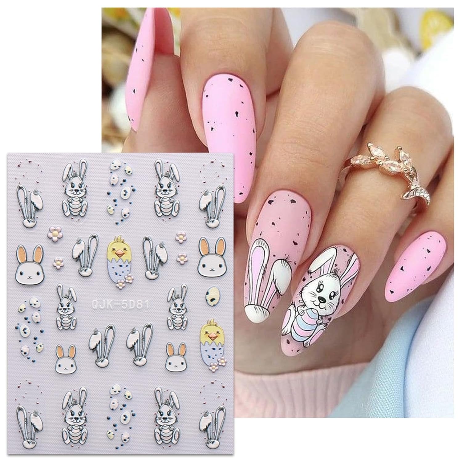 JMEOWIO 6 Blatt 3D Nagelsticker Ostern Nail Art Sticker Selbstklebend Nagelaufkleber 5D Stereoskopisk Süßer Hase Ei Dekoration Nageldesign Zubehör