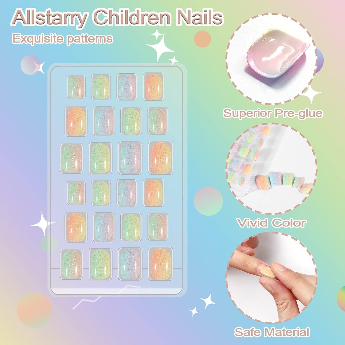 72 stk. Forlimede børne negle fuld dæksel Glitter farve gradient bue Korte kunstige negle Fantastisk gave til børn piger neglekunst - regnbue glitter