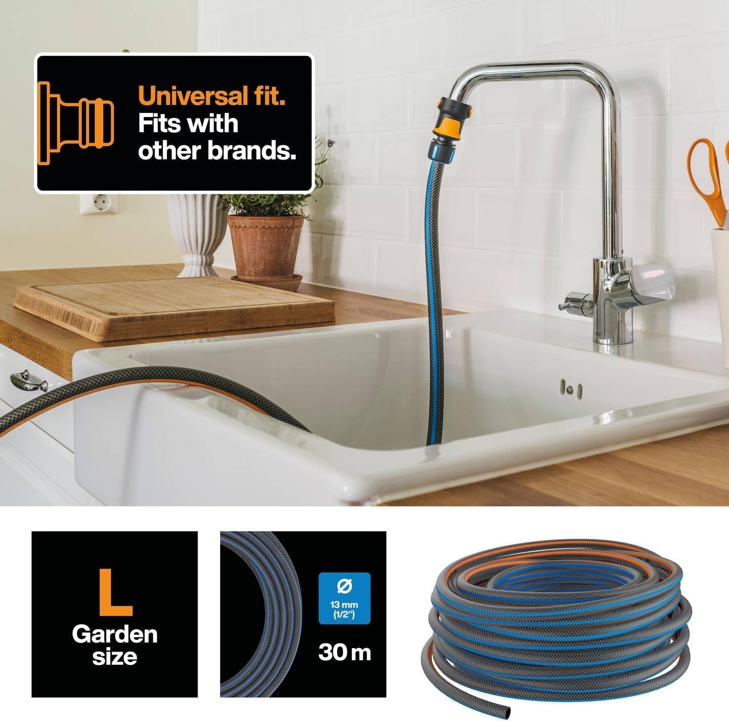Fiskars L vandslange, UV-beskyttelse, tryktestet, vridningsstivhedsniveau 4 (ud af 5), 30 m, Ø 1,3 cm (1/2"), 4,2 kg, sort/orange/blå, 1027105