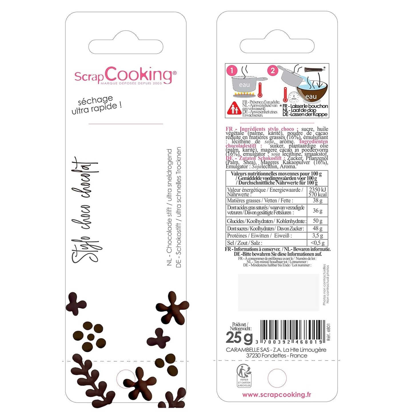 Scrapcooking - Brun chokoladepen - Chokoladeskrivesukker 25 g - Spiselig dekorativ sukkerpen - Skrivning og tegning - Mærkning af fondant, glasur, kager - 6801