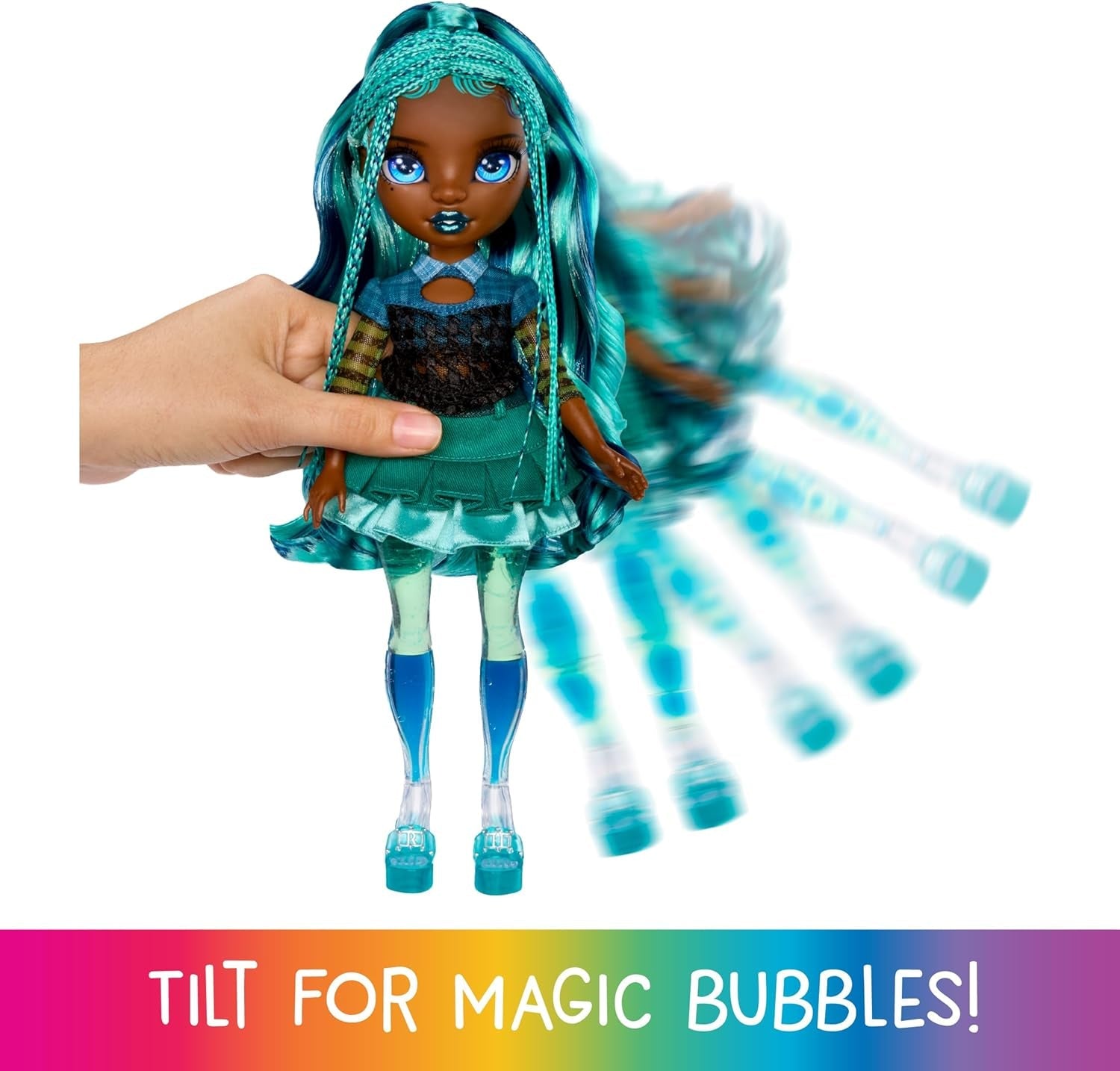 Rainbow High Sparkle & Shine Doll - Misty - 28 cm moderigtig dukke med turkis hår og magiske bobler Stående farverig påklædning og legesamler i 4-12 år