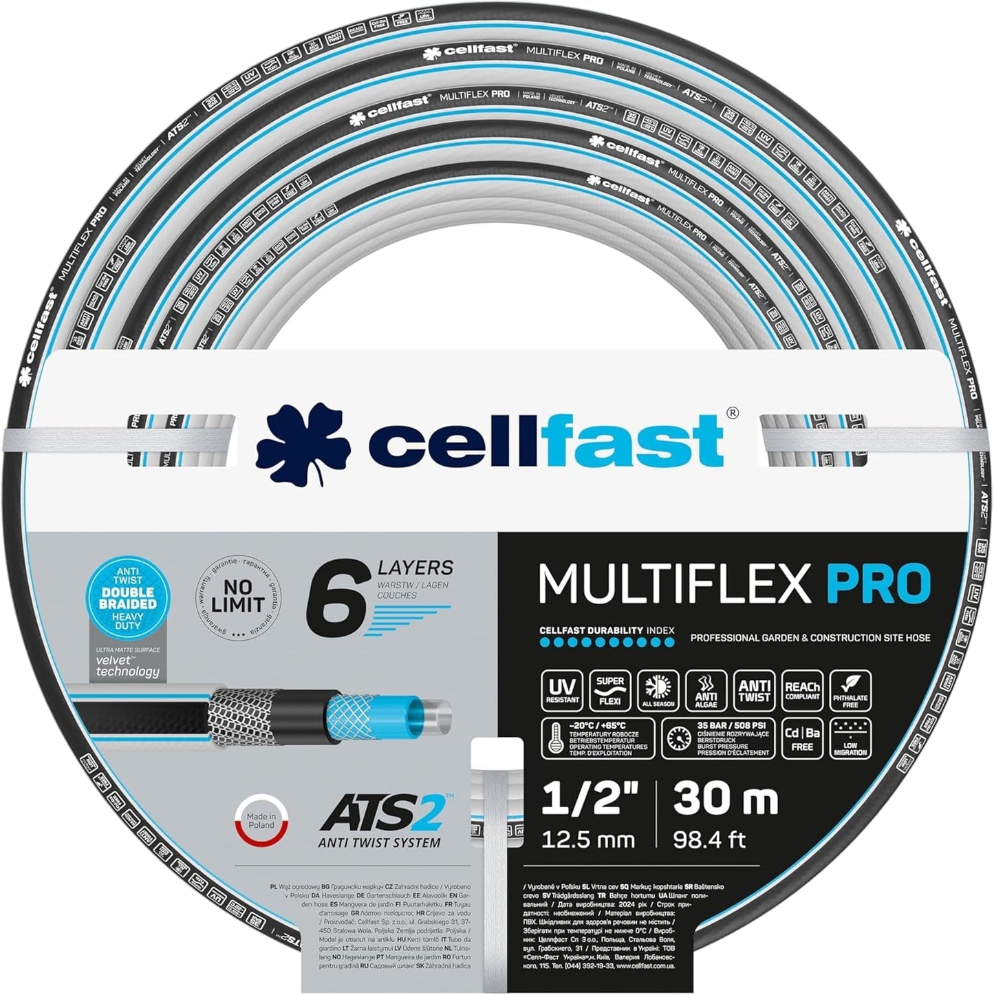 Haveslange Cellfast MULTIFLEX PRO, slidstærk, 6-lags, ATS2 strikket fletning, UV- og algebestandig, tungmetalfri, fløjlsteknologi, 35 bar, -20/+65°C, 3/4", 30m