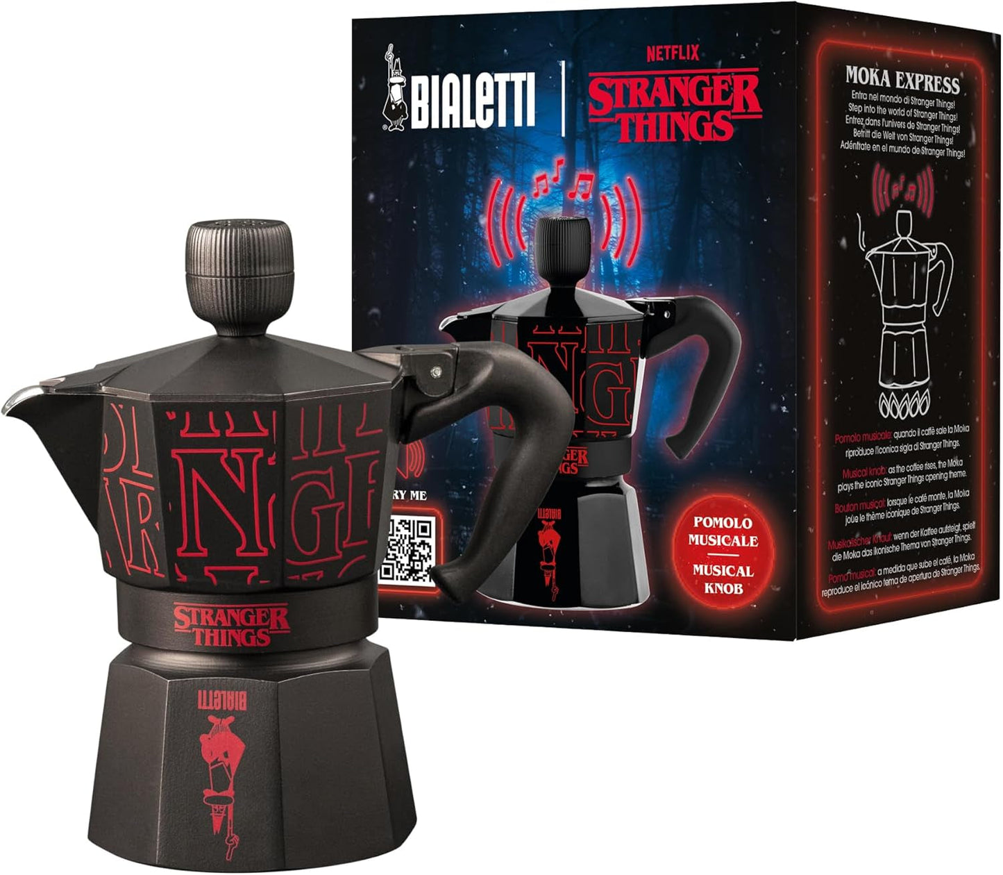 Bialetti Moka Express Stranger Things 3-kopps kaffemaskine, Musikknap med USB-C opladningsfunktion, Ikke egnet til induktionskogeplader, 3 kopper (130 ml), Sort