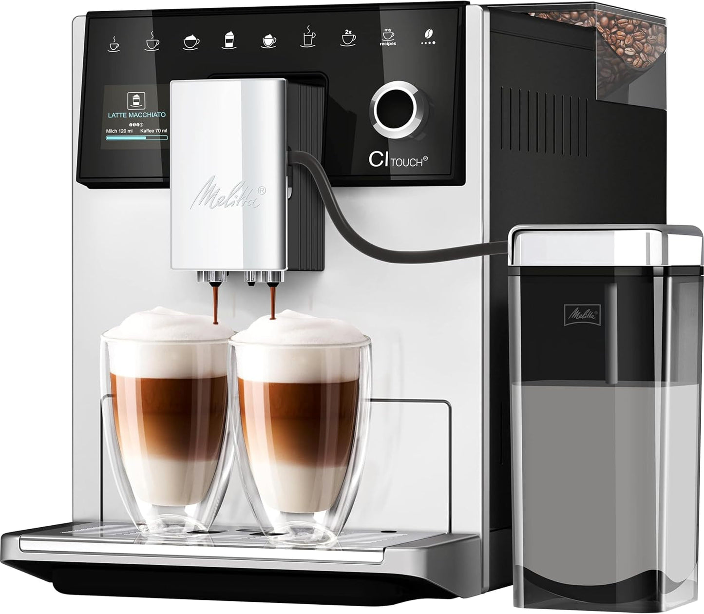 Melitta CI Touch - Fuldautomatisk espressomaskine med mælkesystem, espressomaskine med integreret kaffekværn og mælkeskummer, f.eks. til espresso eller cappuccino, sølv