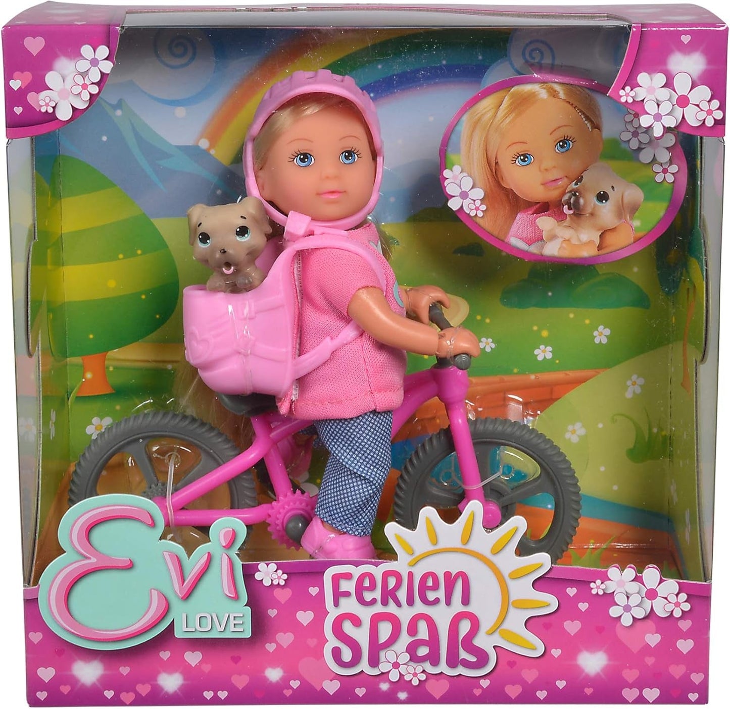 Simba 105733273 - Evi Love Fun Feriecykeldukke med cykel, hund og rygsæk, modedukke, 12 cm, til børn fra 3 år og derover