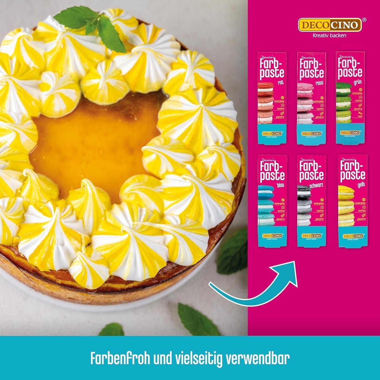 Sæt med 6 Decocino farvepastaer - 6 x 20 g - Madfarve i rød, pink, grøn, gul, blå og sort, ideel til farvning af kager, fondant og cremer - Azofri og glutenfri