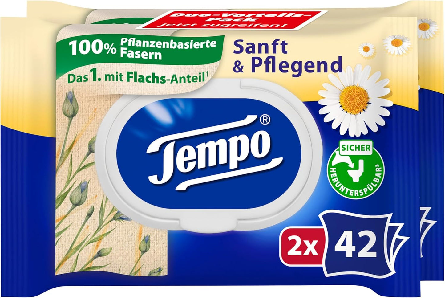 Tempo "Gentle & Caring" toiletservietter - Megapack - 16 pakker á 42 servietter - Duo Packs - med naturlig kamille - toiletpapir, dermatologisk testet og neutral til hudens Ph.
