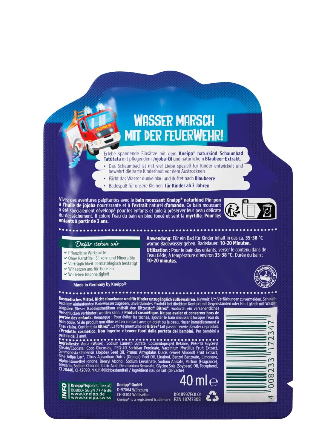 Kneipp Naturkind, badetilsætning med nærende jojobaolie og naturligt blåbærekstrakt, frugtagtig blåbærsmag, blåt vand, 40 ml Brusebad og bad Naty Shop