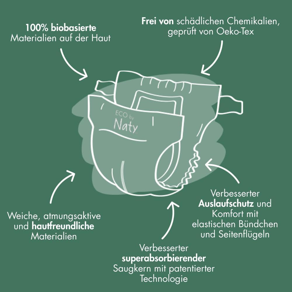 Eco Diapers Eco fra Naty Baby Eco Diapers - premium økologiske bleer, miljøvenlige, lavet af plantebaserede materialer, ideel til følsom babyhud (størrelse 5 - 80 stk.)