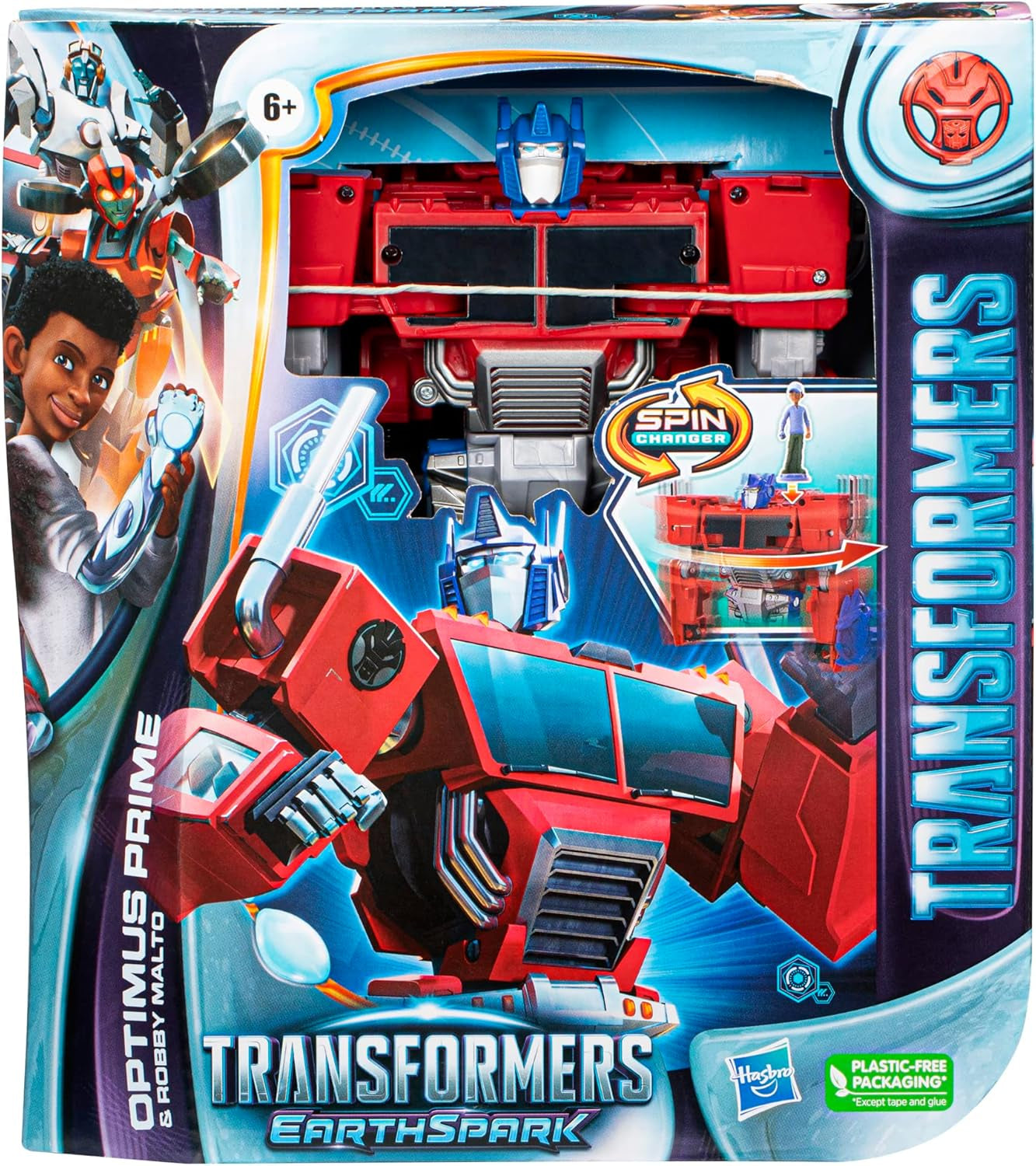 Transformers Earthspark Spin Changer Optimus Prime Figur (20 cm) med Robby Malto Figur (5 cm) fra 6 Action Figures Naty Shop