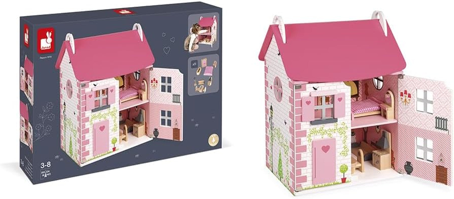 Janod - Mademoiselle dukkehus i træ, 3 etager og 11 tilbehør, kopilegetøj, udvikler fantasi, i alderen 3+, J06581, Pink Naty Shop dukkehuse