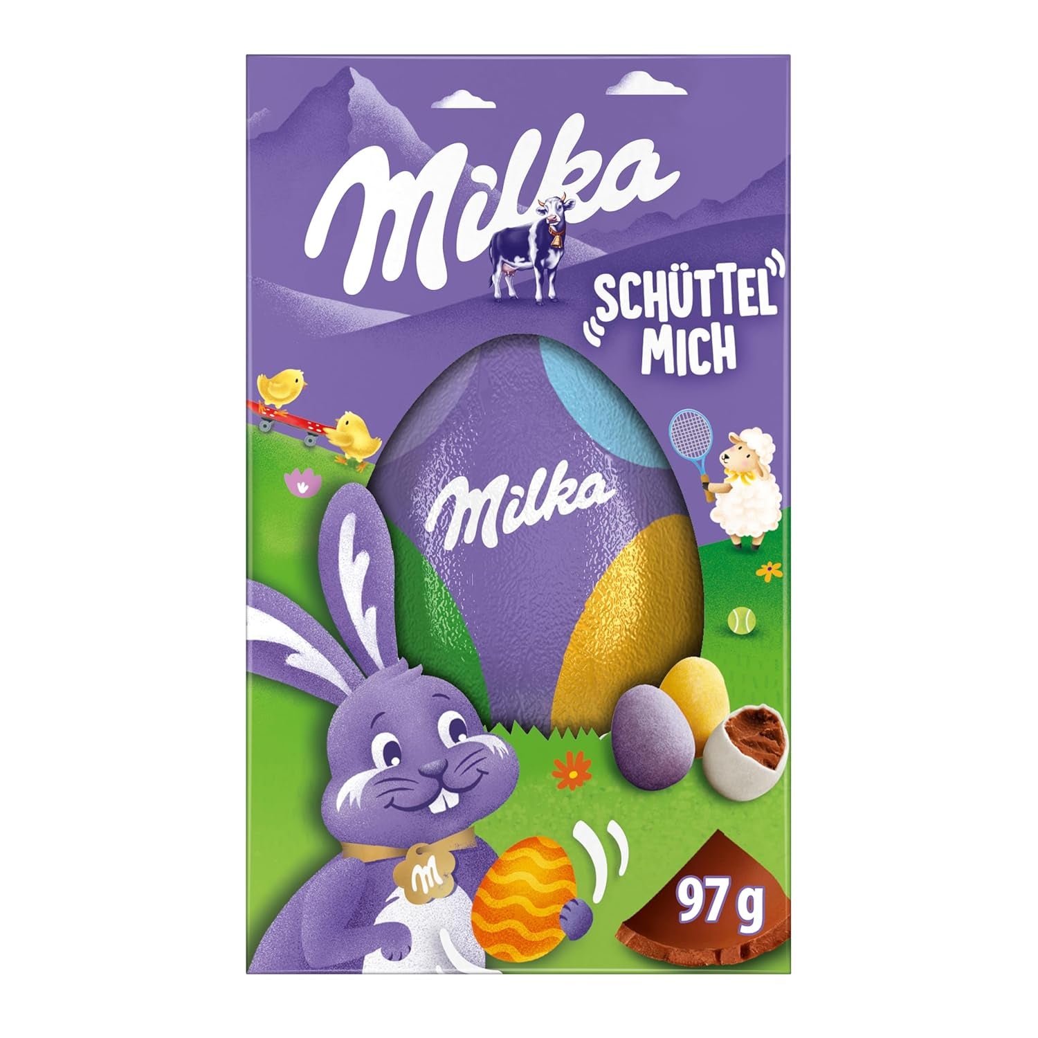 Milkshake Me Egg – chokoladeæg fyldt med minifarvede æg fra alpin mælkechokolade – 97g