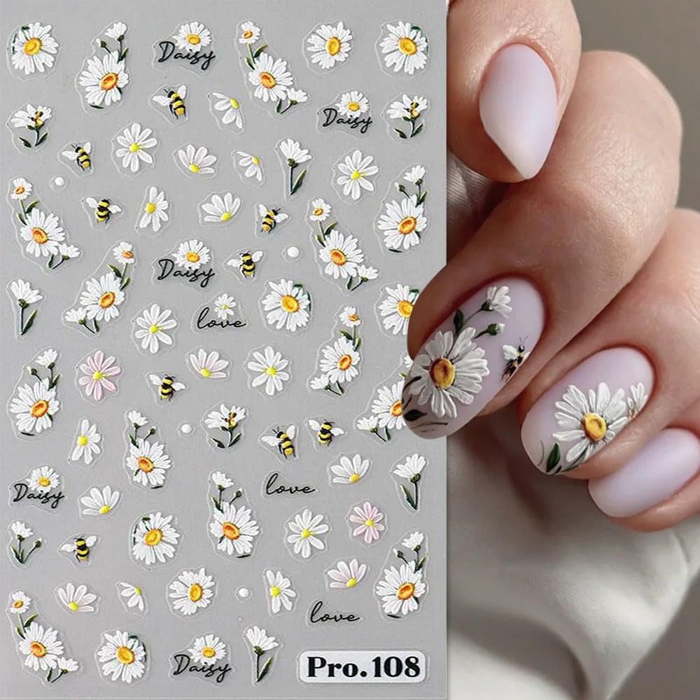 5 stk Geprägte Gänseblümchen Nagelsticker Selbstklebend Blumen Nagelaufkleber Gänseblümchen Schmetterling Nagel Sticker Nageldesign Aufkleber Nägel Zubehör Blume Nail Sticker Flower Nail Art Stickers