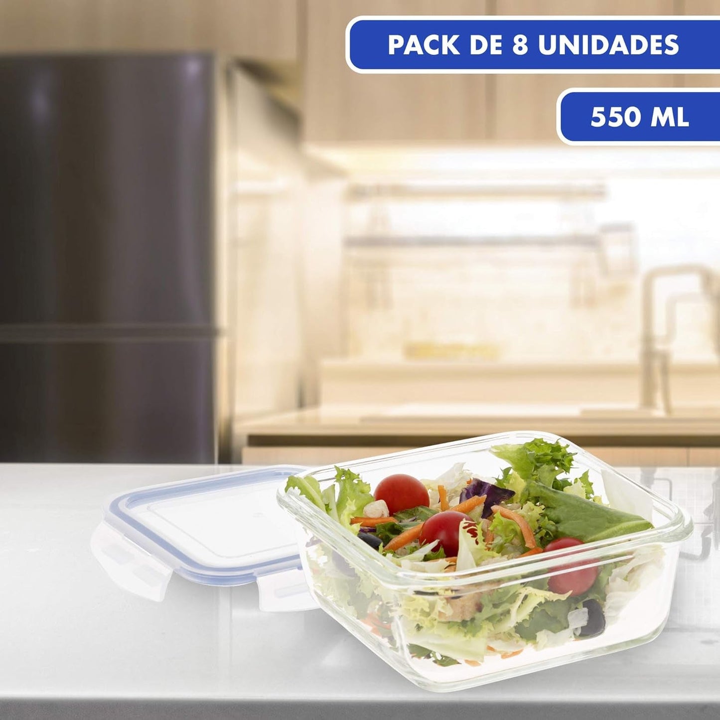 Max Home 8-pak glas lufttætte beholdere Mikroovn glas madkasse Genlukkelige madbeholdere 550 ml klare låg madbeholdere (16538) madopbevaringsbokse Naty Shop