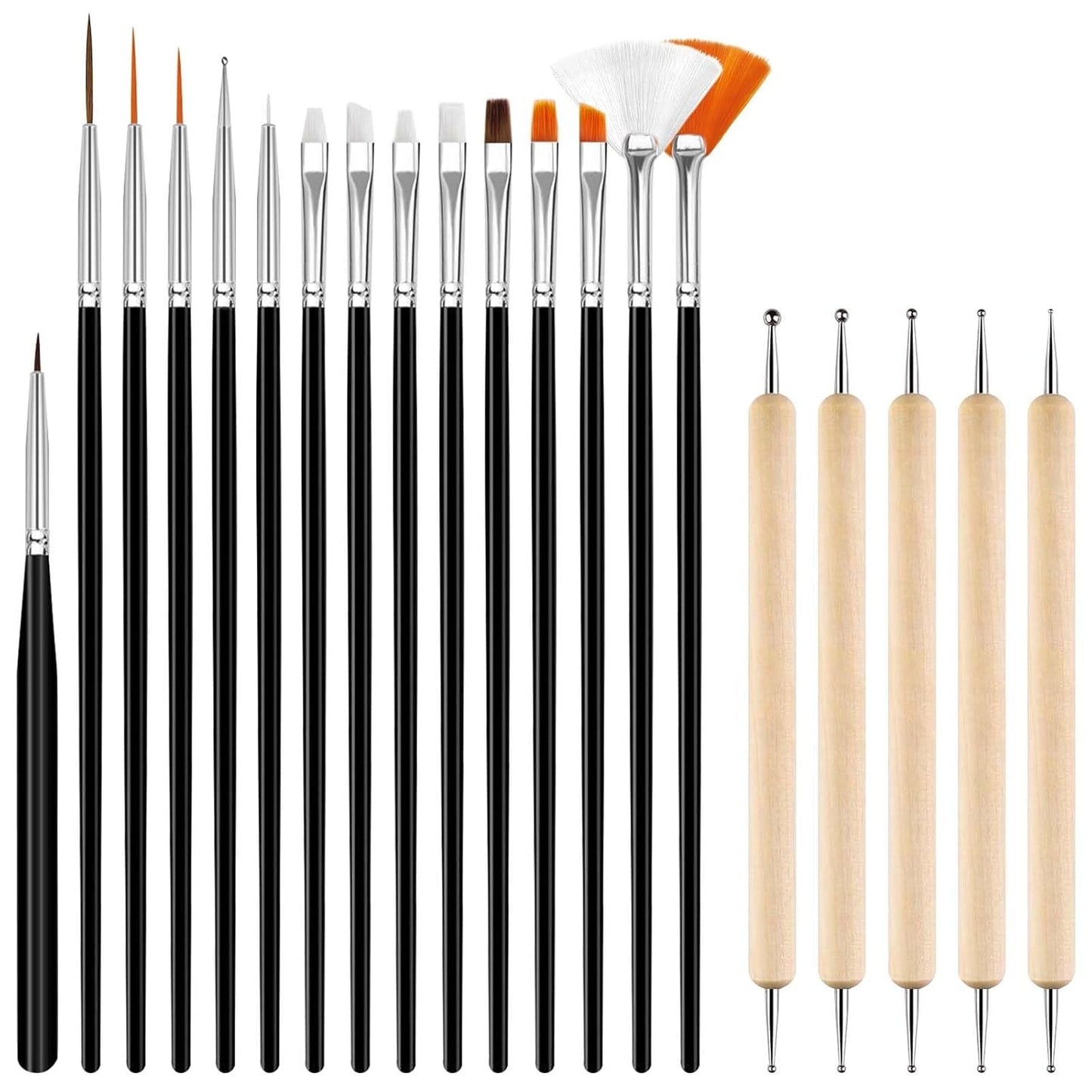 Hanyousheng 20 Stück Nagel Pinsel Sæt, 15 Stück Nageldesign Pinsel, 5 Stück Nail Art Dotting Tools Für DIY Nail Art Design