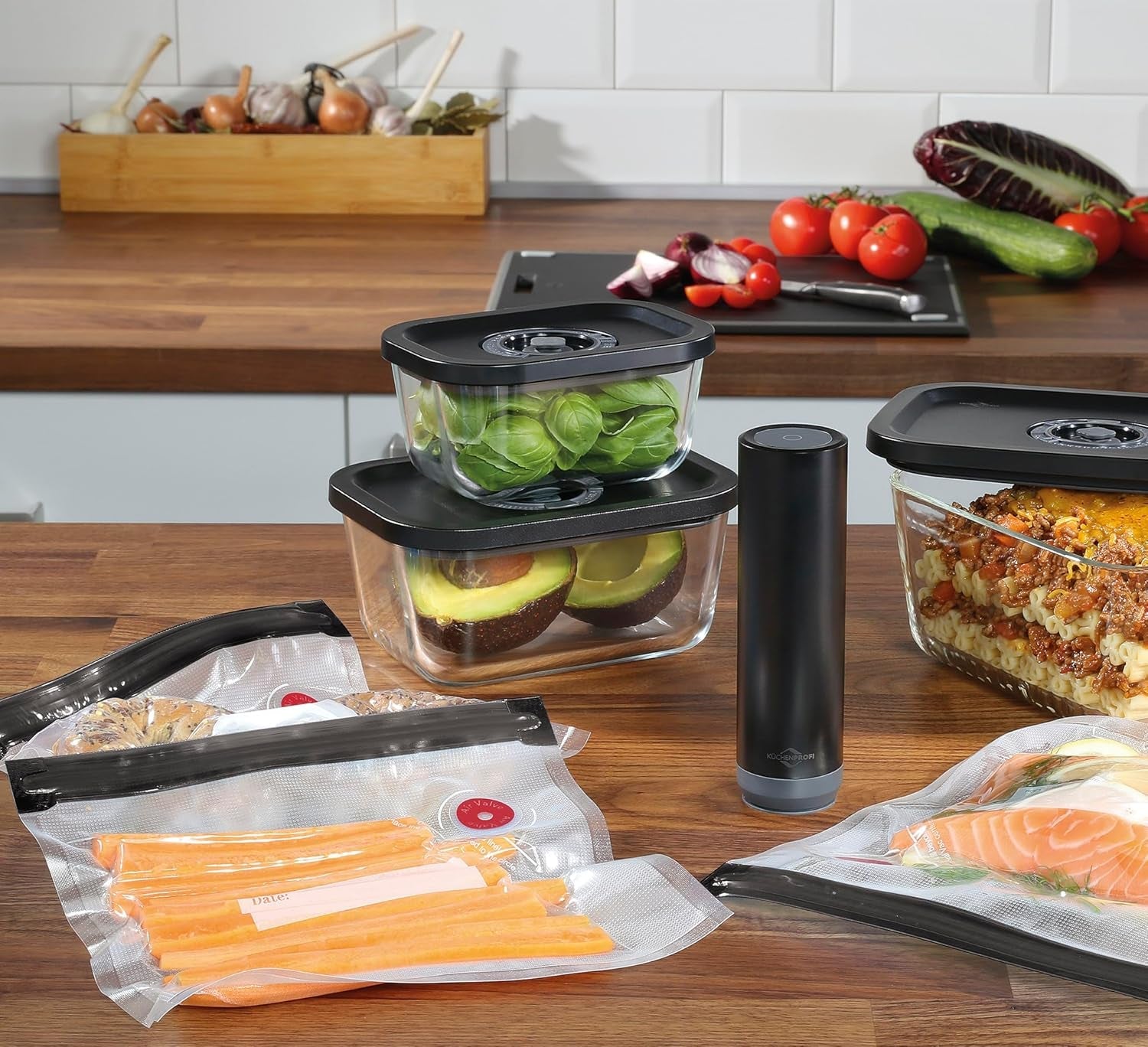 Vakuumsæt Küchenprofi EASYFRESH | Sæt med 7 dele | 1x elektrisk vakuumpumpe, 1x vakuumbeholder S, M og L, 3x vakuumposer 22x21 cm | borosilikatglas, plast af høj kvalitet | tilberedning og opbevaring Madopbevaringsbokse Naty Shop