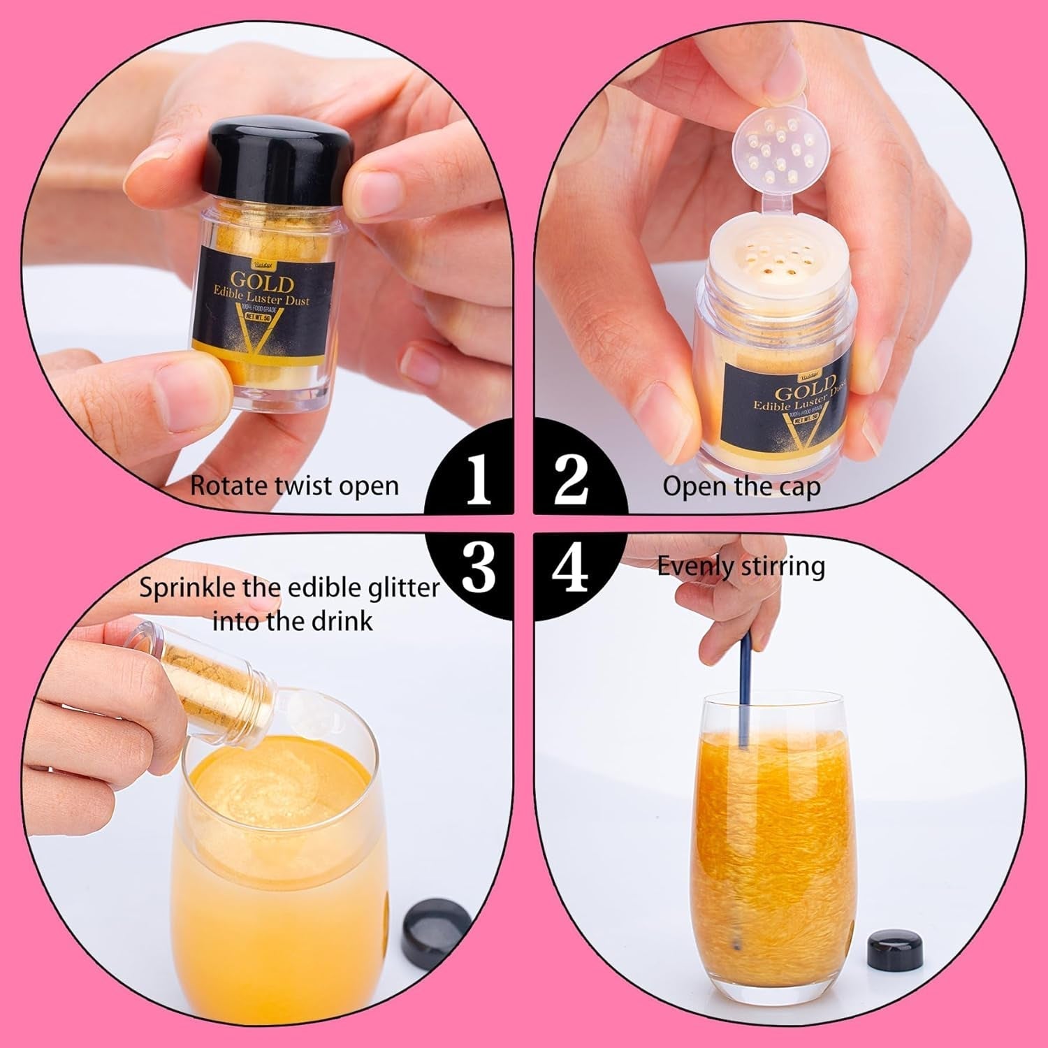 Spiselig glitterglitter - 4 farver spiseligt glitterpulver, glitterpulver til drikkevarer, mad, kager - spiseligt metallisk madfarvepulver til bagning, cocktails - 5G/flaske