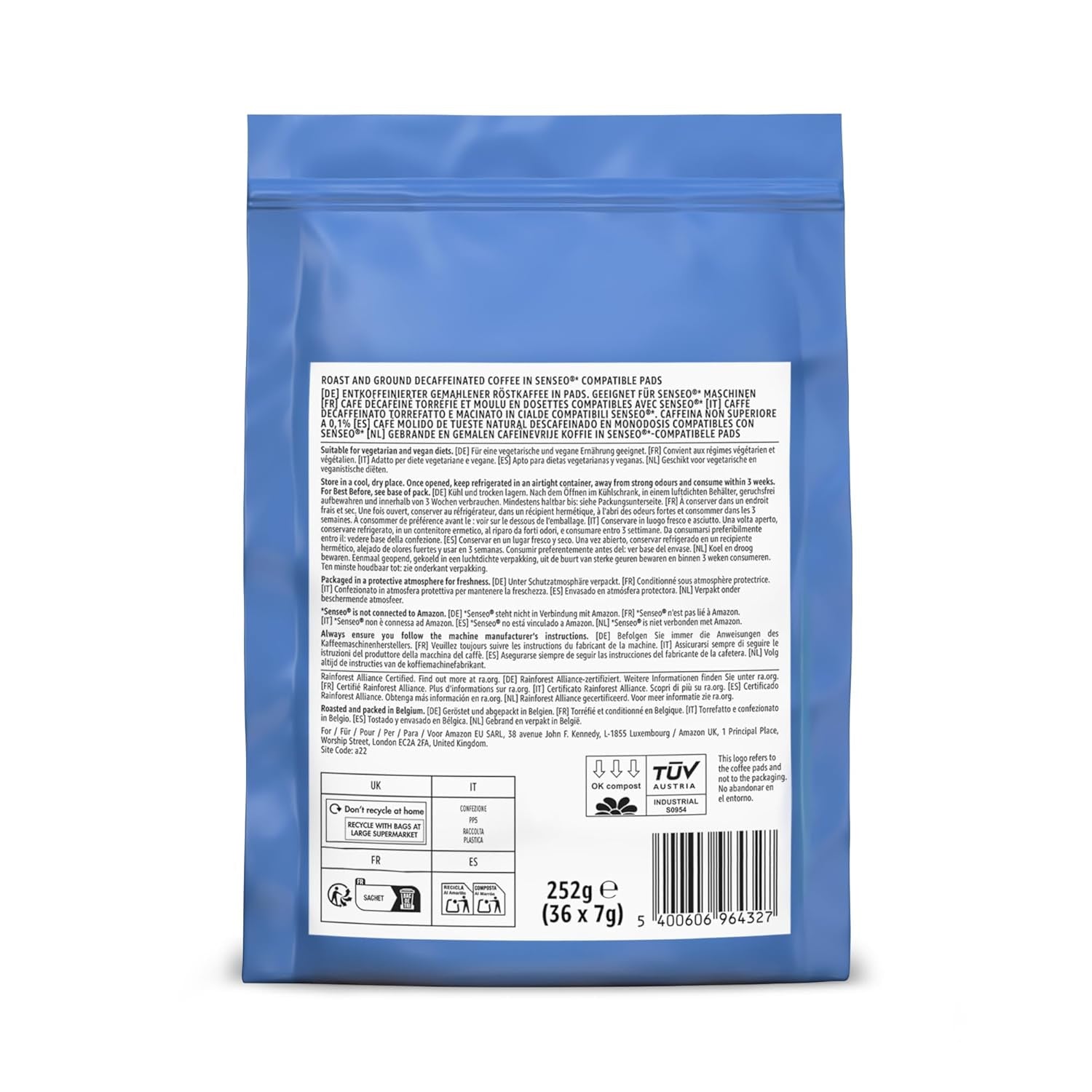 af Amazon Entkoffeinierte 100% Arabica-Kaffeepads, geeignet für Senseo-Maschinen, medium Röstung, 36 Stück (1 Packung mit 36 ​​​​Stück) – Rainforest Alliance-zertifiziert