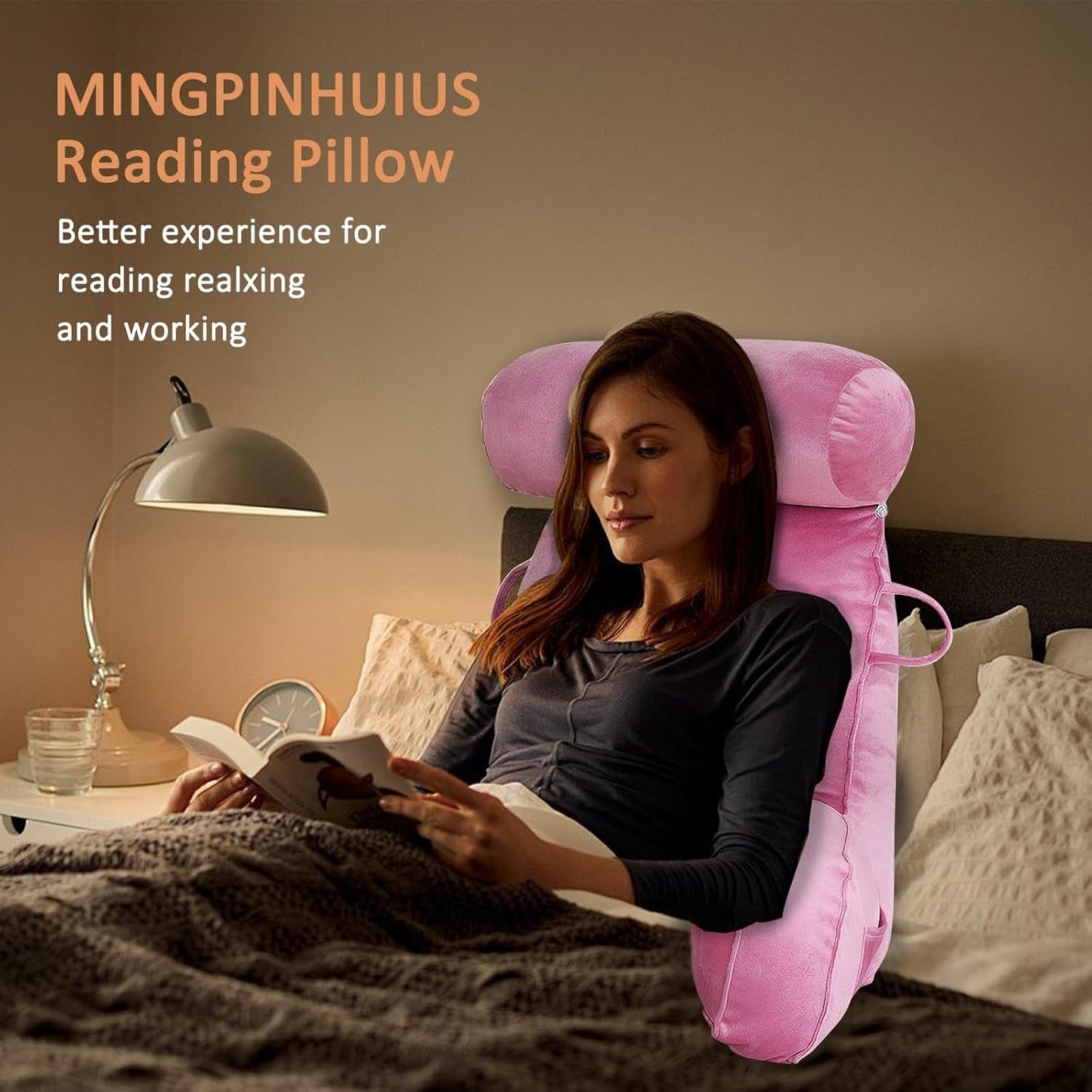 XL læsepude til seng og sofa med aftagelig nakkerulle, ideel rygpude til voksne med memoryskum til behagelig læsning, arbejde, leg, se tv, afslapning (pink)