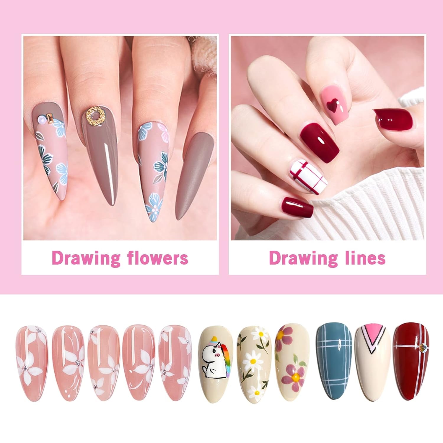 Sularpek Nail Art Liner Pinsel, 5 Stück Profi Detail Fine Nails Gel Negle Brush, Nagel Pinsel Dünn Für Beauty Frauen Nagelstudio (5 Größen, Rosa)