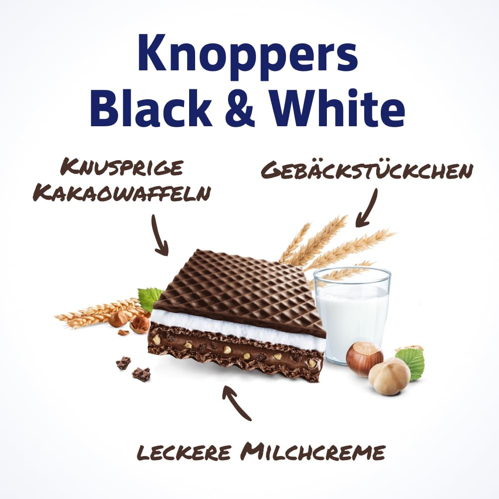 Sort og hvid – 2 x 200 g (2 x 8 stykker) – Vaffelskiver fyldt med mørke kakaoblater, stykker sort dej, mælk og nougatcreme