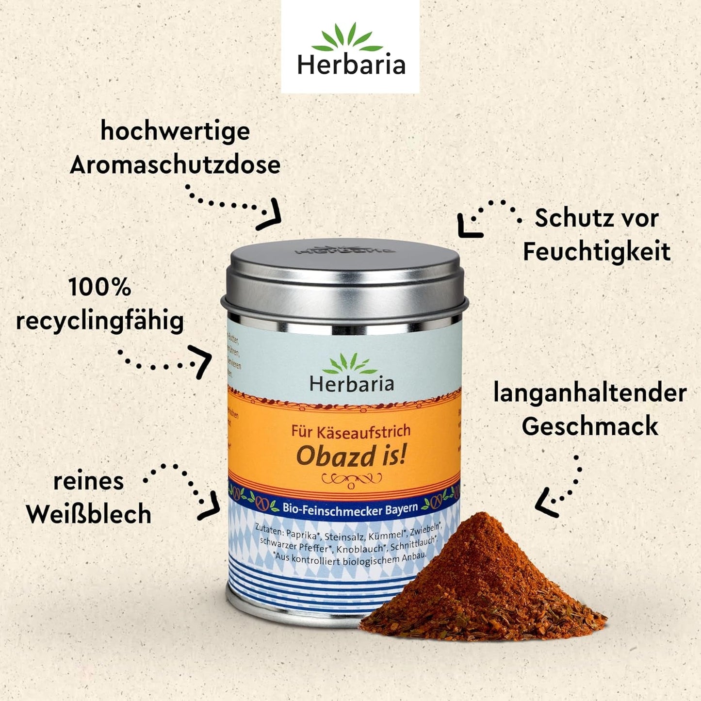 Herbaria Obazd er! bio 90g M-Dose – Bio-Gewürzmischung bayerischen Biergartenklassiker Obazda – for Brotaufstriche, Käsegerichte, Käsefondue – Raclette Gewürz - i nachhaltiger Aromaschutz-Dose