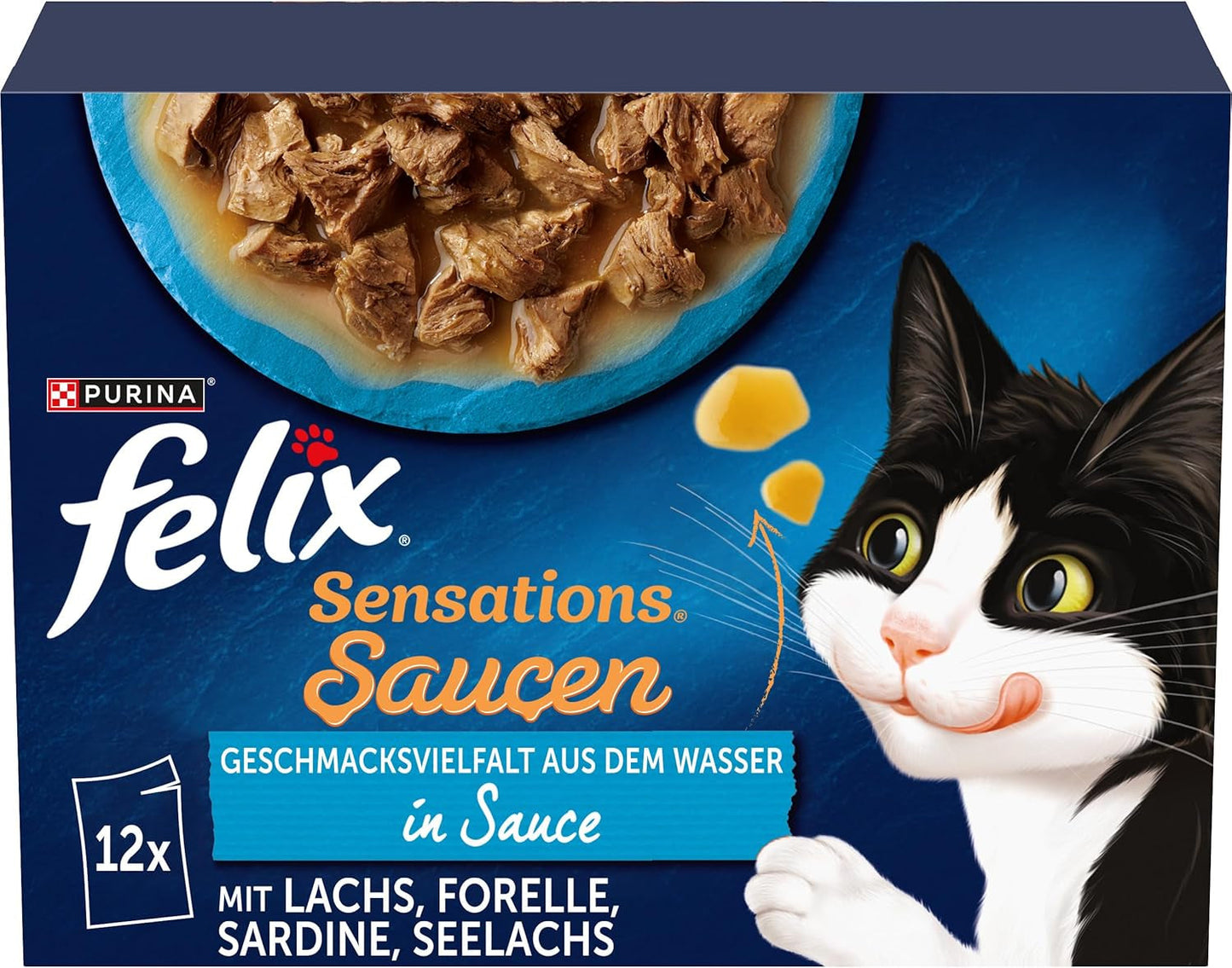 Felix Sensations Sauces Våd kattefoder, assorteret fiskeblanding, pakke med 6 (6 x 12 poser á 85g hver)