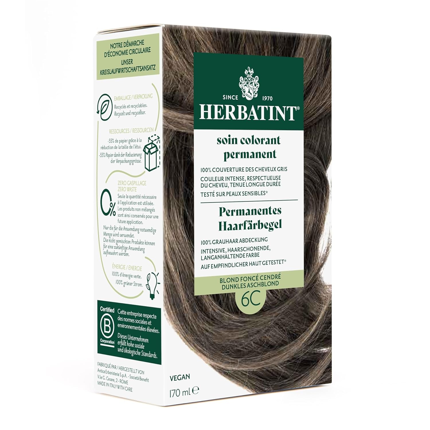 Permanent Hårfarve Gel 6N Mørkeblond - 170ml I Ammoniakfri, 100 % Grå Hårdækning I Testet på følsom hud, med 8 planteekstrakter Naty Shop Hårfarve 6C Mørkegrå Blond