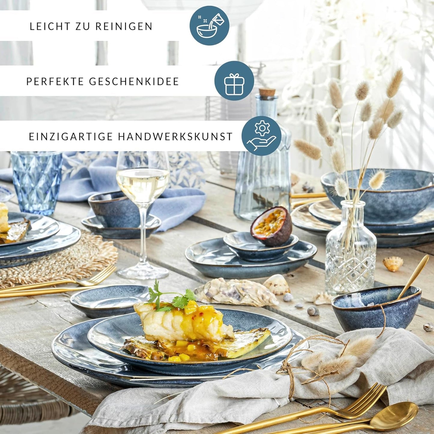 SANGER | Darwin 12-delt porcelænssæt, stentøjsstel til 4, blåt stel med middagstallerkener, desserttallerkener og suppetallerkener, håndlavet porcelænssæt | PREMIUM KOLLEKTIONEN