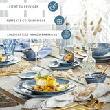 SANGER | Darwin 12-delt porcelænssæt, stentøjsstel til 4, blåt stel med middagstallerkener, desserttallerkener og suppetallerkener, håndlavet porcelænssæt | PREMIUM KOLLEKTIONEN