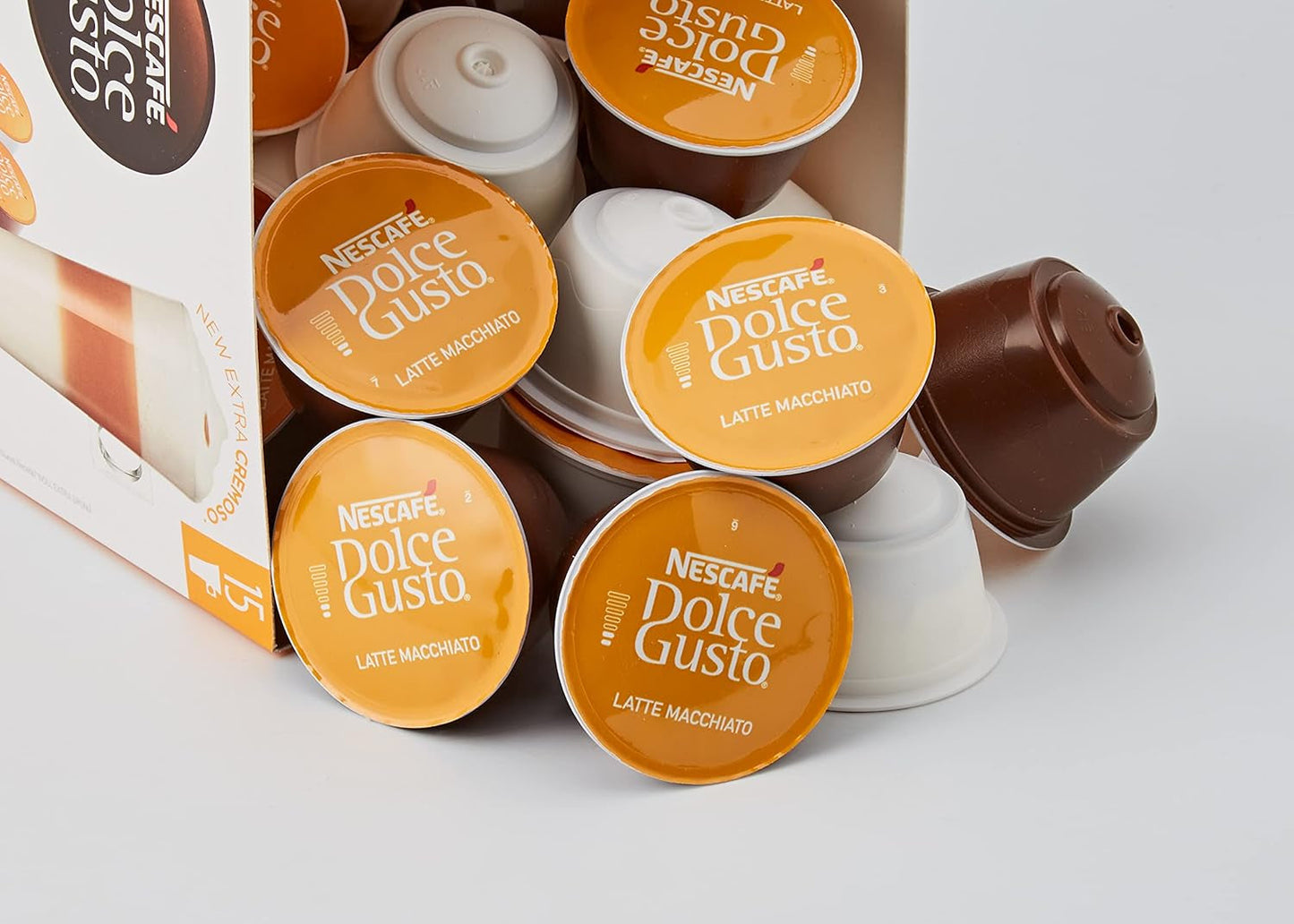 NESCAFÉ Dolce Gusto Latte Macchiato Vorratsbox 90 Kaffeekapseln & Flat White, 48 Kaffeekapseln, Arabica og Robusta Bohnen