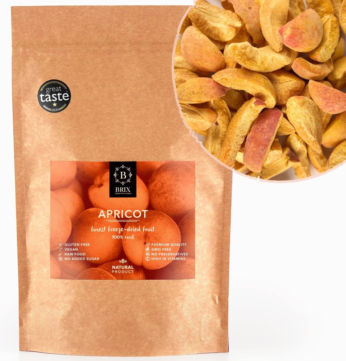 Frysetørrede abrikoser BRIX | Naturlige, tørrede abrikoser 85 g | Great Taste Award for tørret frugt, tørret | Ikke-GMO, glutenfri, vegansk, konserverede vitaminer Naty Shop Dehydrerede produkter Standardtitel