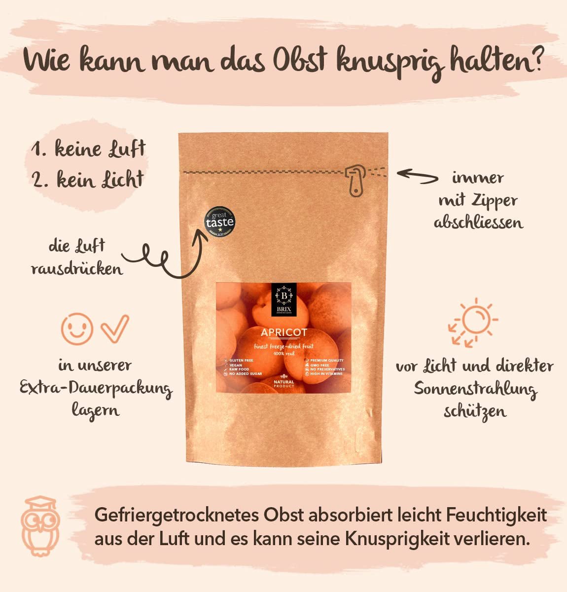 Frysetørrede abrikoser BRIX | Naturlige, tørrede abrikoser 85 g | Great Taste Award for tørret frugt, tørret | Ikke-GMO, glutenfri, vegansk, konserverede vitaminer Naty Shop Dehydrerede produkter