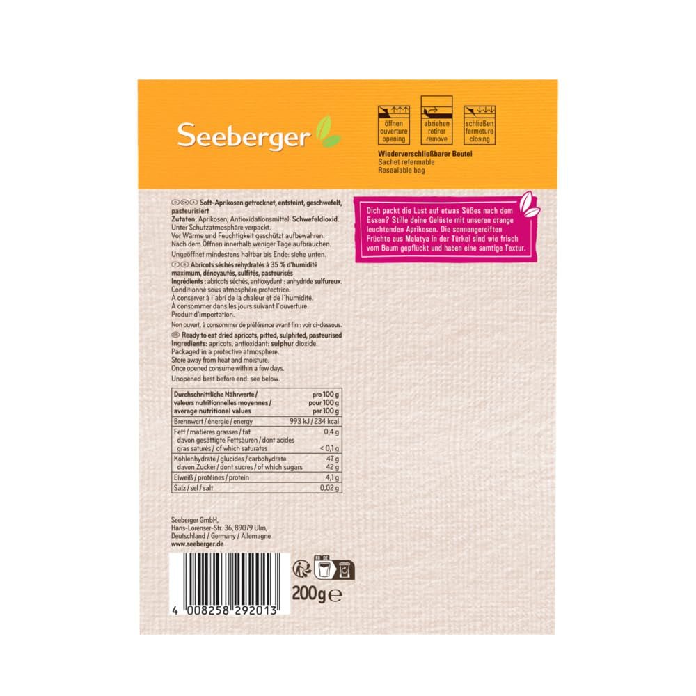 Seeberger Soft Abrikoser: Lækkert bløde og saftige abrikoser - sød og fløjlsblød konsistens - uden tilsat sukker - tørret - udstenede, veganske (1 x 200 g) Dehydrerede produkter Naty Shop