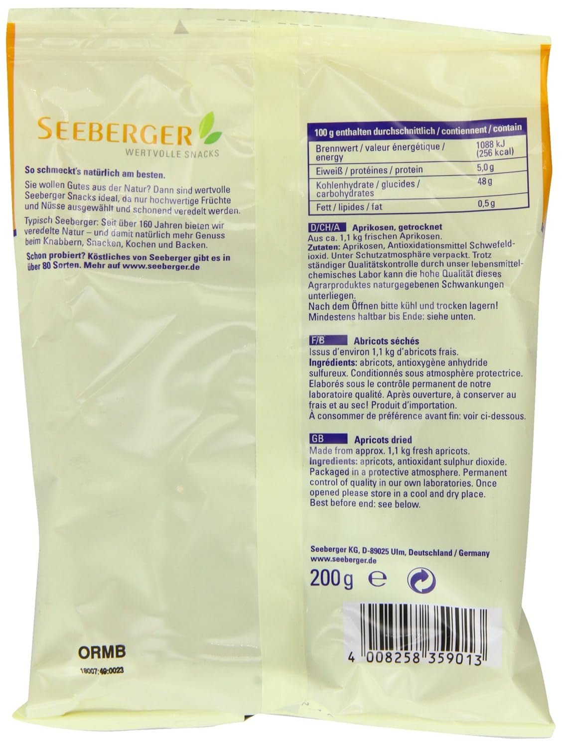 Abrikos Seeberger 200g Naty Shop dehydrerede produkter