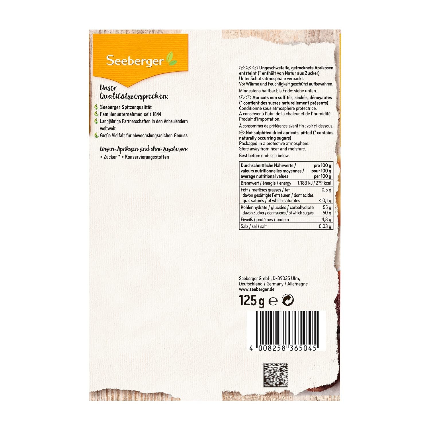 Seeberger usvovlede abrikoser: Ubehandlede tørrede abrikoser med en sød, frugtagtig smag - uden tilsat sukker - udstenede, veganske (1 x 125 g) Naty Shop Dehydrerede produkter