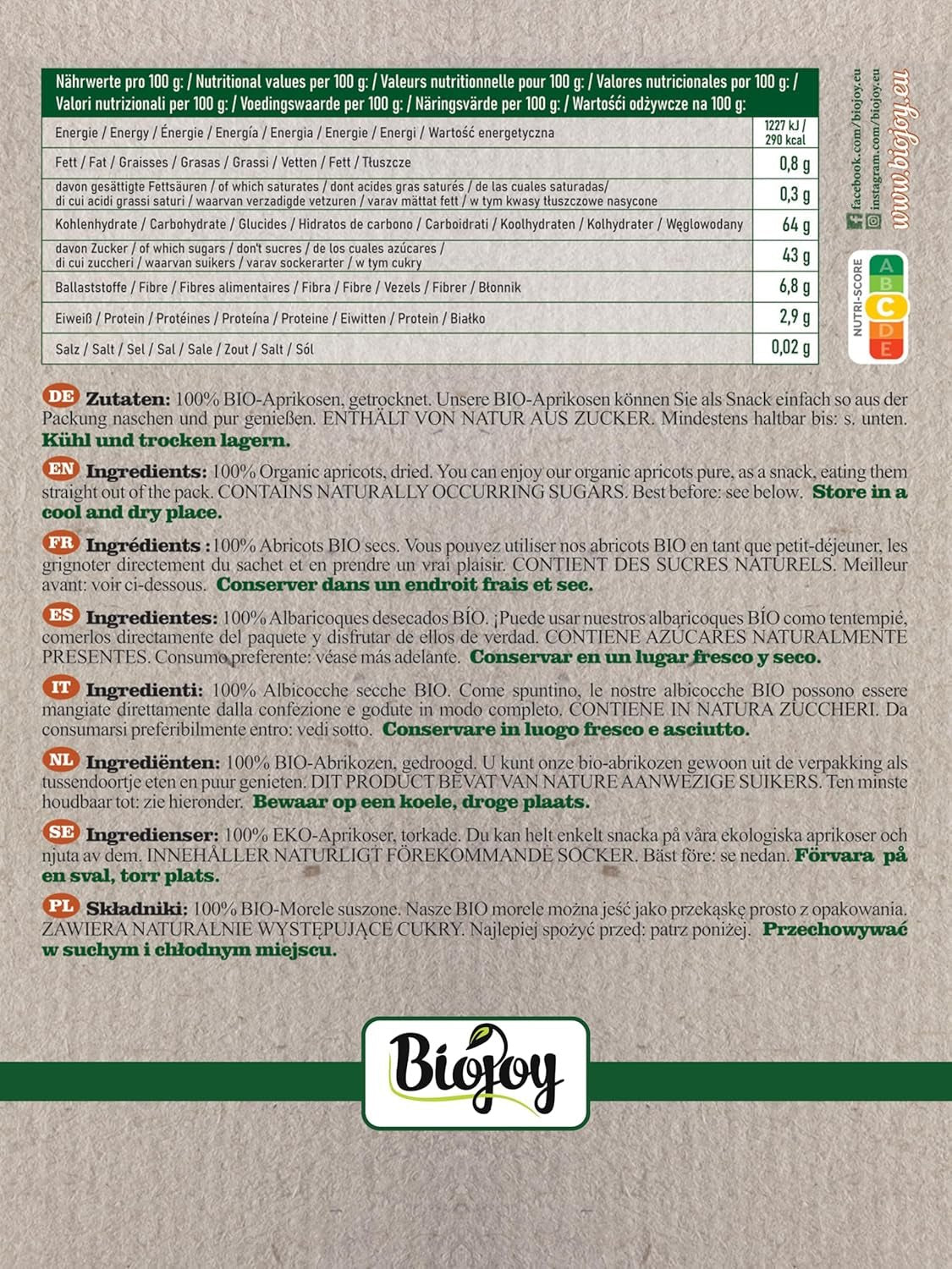 Biojoy tørrede abrikoser (500 g), usvovlede Dehydrerede produkter Min butik