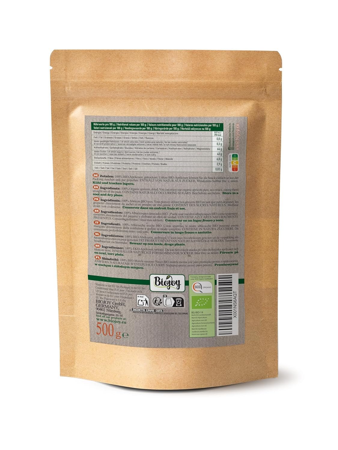 Biojoy tørrede abrikoser (500 g), usvovlede Dehydrerede produkter Min butik